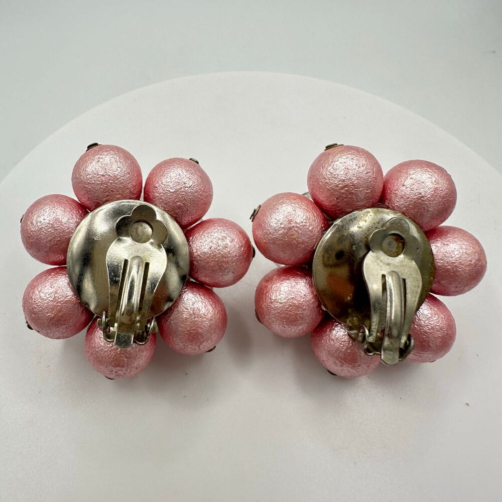 1950s vintage silver tone AB glass pink blue celluloid beaded clip on earrings - Picture 7 of 8